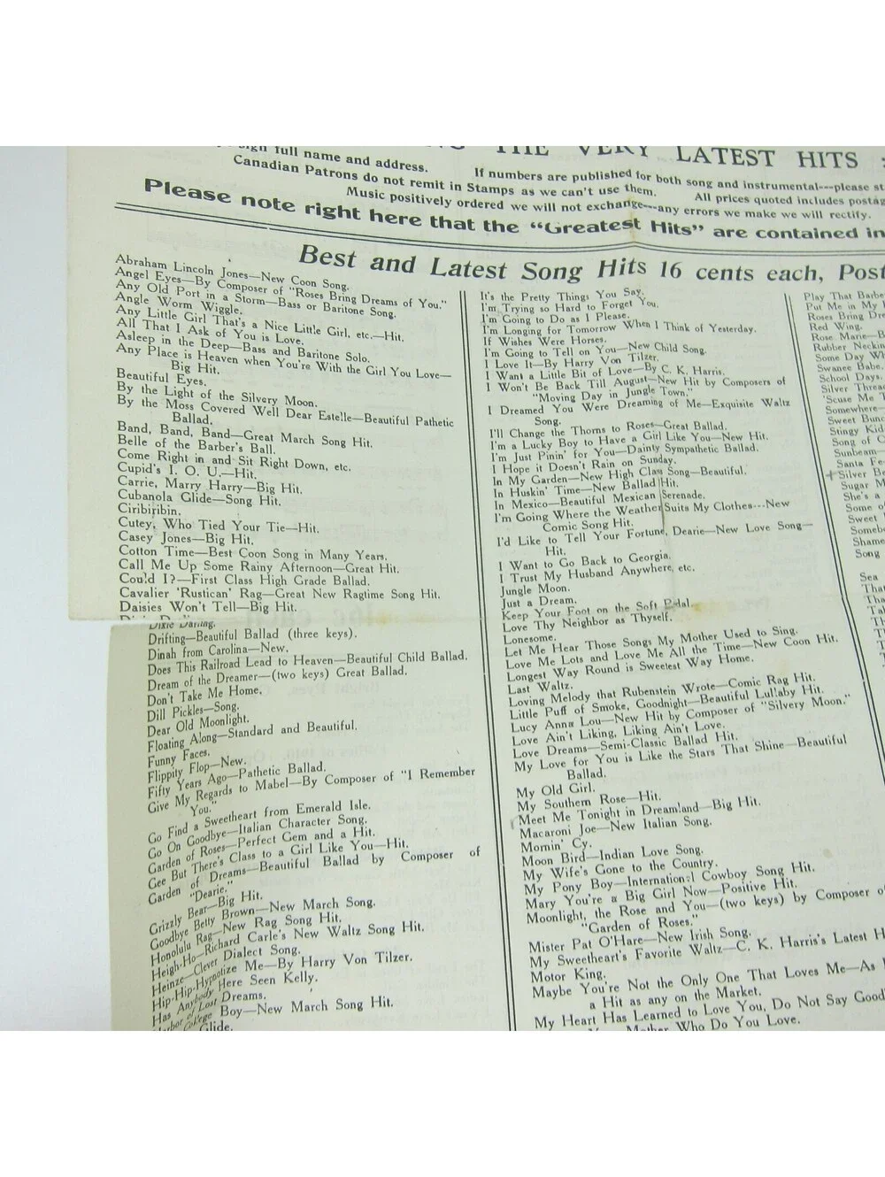 Sheet Music Jerome H. Remick & Co Advertising Special Bulletin Form Antique 1910